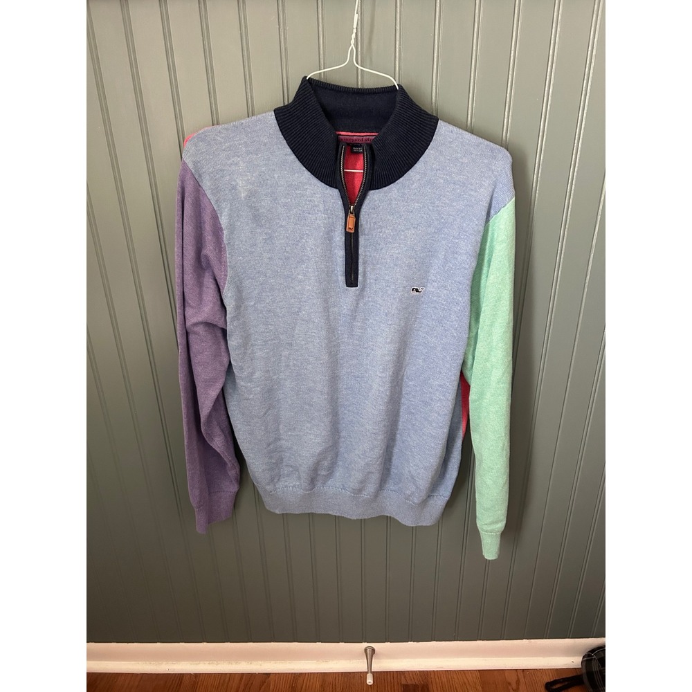 Vineyard Vines Mens Colorblock Quarter Zip Cotton Sweater Blue Red Large